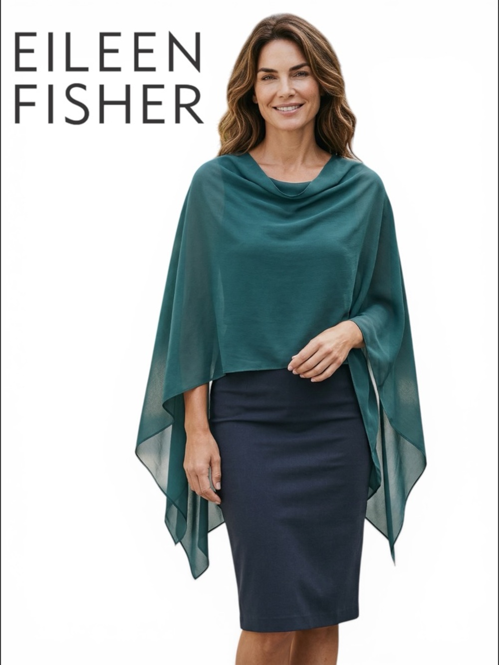 EILEEN FISHER NWT sheer silk poncho wrap scarf green 100% silk